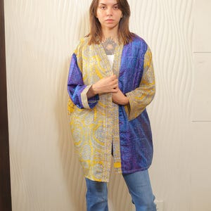 silk short kimono jacket for women kimono robe Yellow-Blue Floral Printed jacket cardigan Cap Coat Front Open Robe Gift for her PS KMS3271