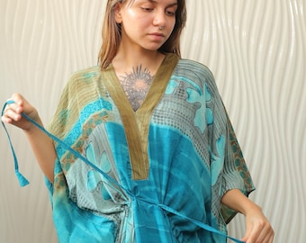 Pure Silk Kaftan Blue-Brown Floral Printed Silk kaftan For Beach Cover Up Night Gown Women Beach Wear Clothing Hand Printed Tunic PS KFN2739