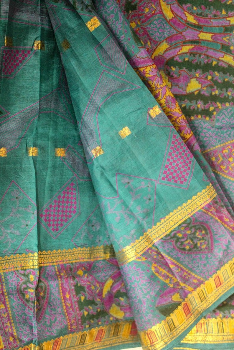 Vintage Indian Pure Silk Saree Printed Recycled Sari Long Curtain Wrap Fabric Material Traditional Ethnic Woman Clothing Dress PSS11112