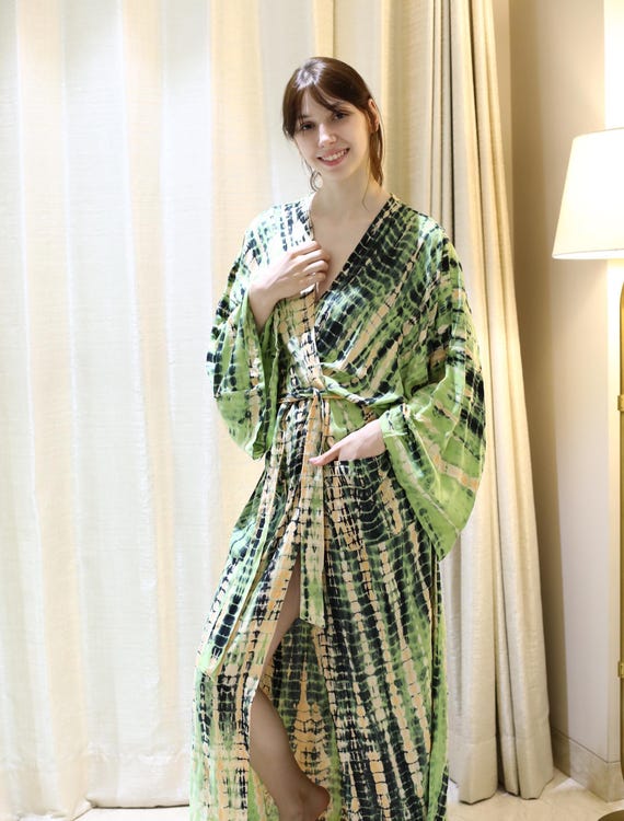 Green and Black Tie-dye Kimono Robe, Boho Maxi Dress - Etsy Israel
