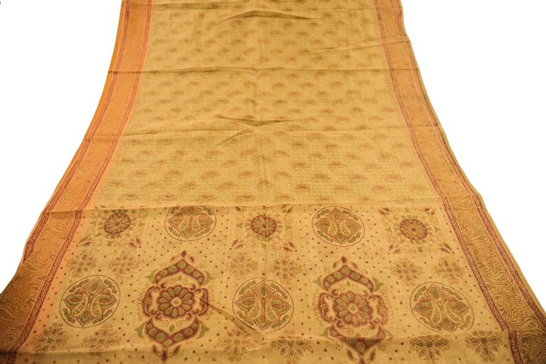 Vintage Indian Cotton Saree India Wedding Dress Wrap Decor Fabric Recycled Long Curtain Drape Sarong Sari Traditional Ethnic Cream PCS1365