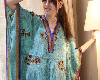 Silk Silk Kaftan Elegant Green & Blue Floral Printed Plus size Kaftan with belt Loose fit Bohemian Long Caftan Maxi Dress PS KFN2922