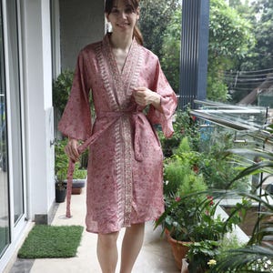 Pure Silk midi kimono Pink and Beige kimono robe women knee length silk dressing gown Lounge Wear Luxury gift for wife PS MKMO2121