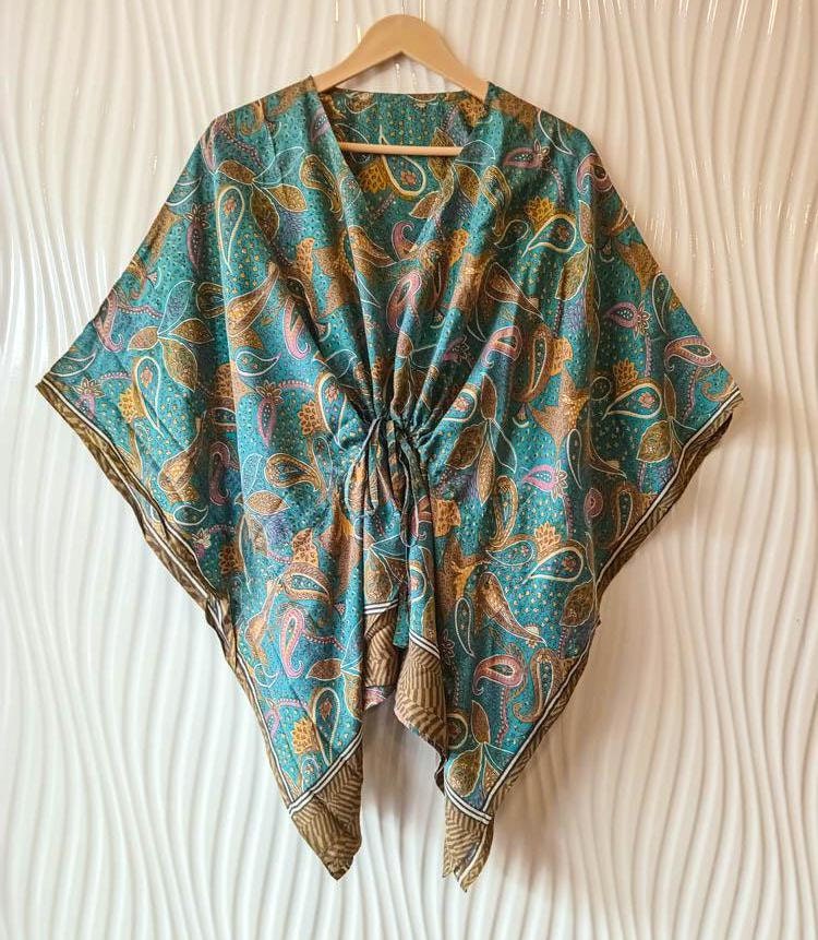 Bohemian Luxe Handcrafted Pure Silk Short Kaftan Top For Girl AND women in Paisley Elegance , Pure Silk Kaftan Tunic Short Tops KFNS1153