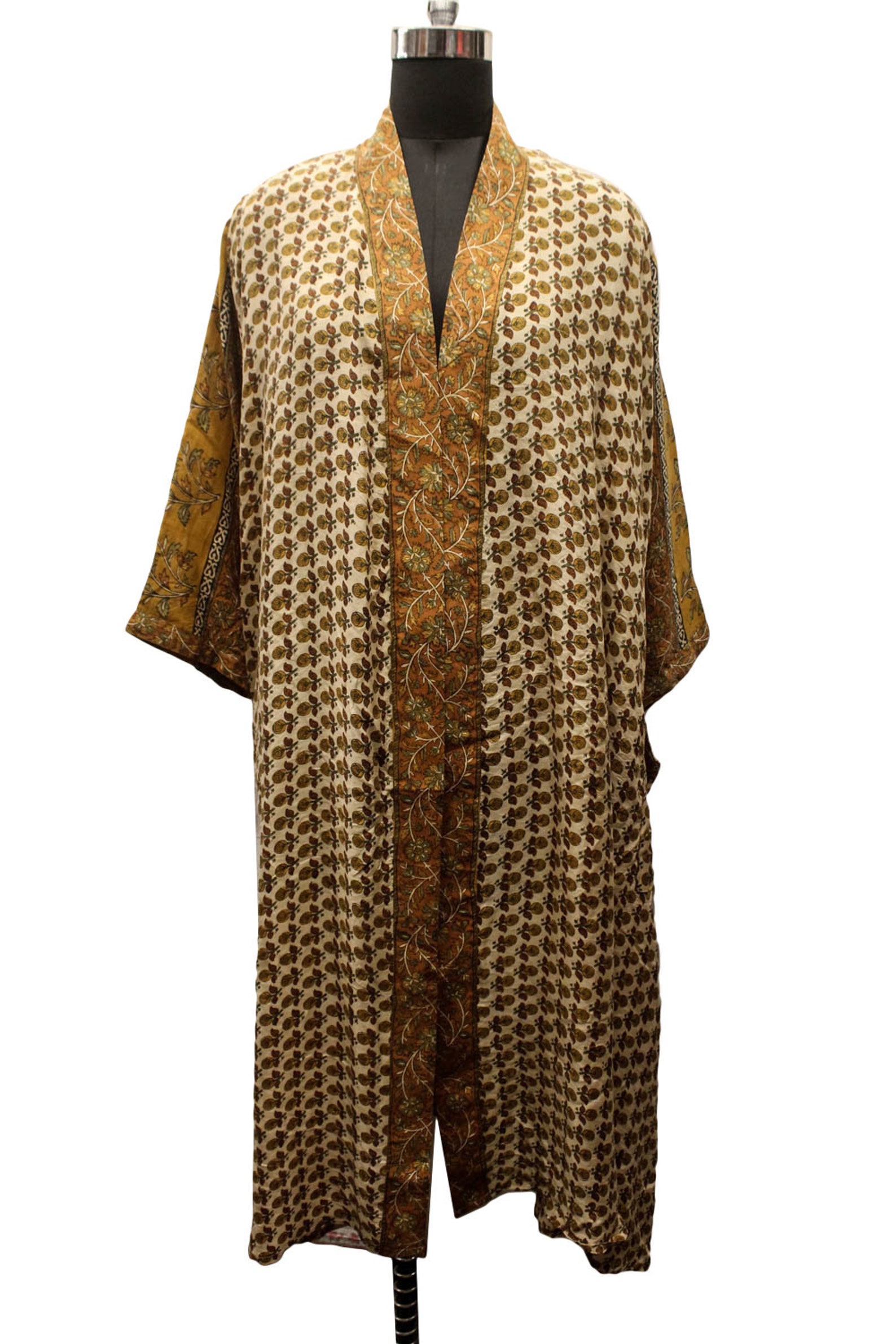 Pure Silk Kimono Saree Fabric Sari Kaftan Night Robe Long Gown | Etsy