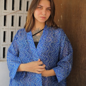silk short kimono jacket for women kimono robe Blue Abstract Printed jacket cardigan Cap Coat Front Open Robe Gift for her PS KMS3338