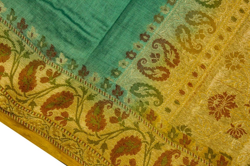 Vintage Pure Tussar Silk Sari Woven Border Handwoven Saree Green and Yellow Handmade Tossor Saree Free Shipping TSS1010