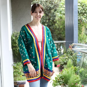 Pure Cotton short kimono jacket for women kimono robe Green-Blue Bandhani jacket cardigan Cap Coat Front Open Robe Gift for her PS KMS3446