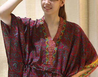 Beautiful 100 % Silk Pink-Green Kaftan Paisley Print Silk Kaftan Robe Boho Summer Wear Handmade Sleepwear Maxi Dres Gift For Her PS KFN2908