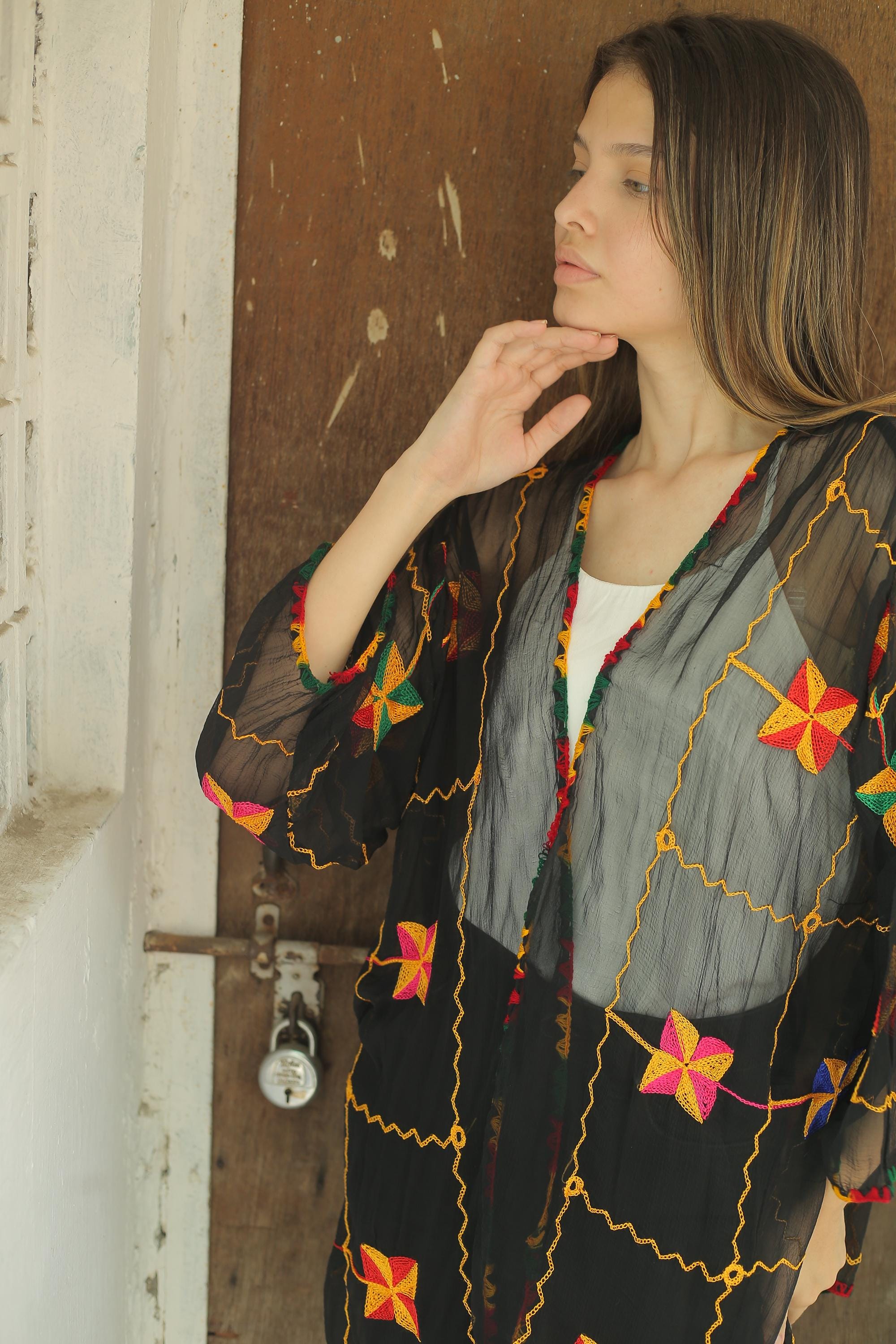 Veste Kimono Courte En Crêpe Plumetis Beige-noir – Pure Soie Recyclée, Unique !