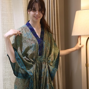 Pure Silk Kaftan Beige-Blue Floral Print Silk kaftan For Beach Cover Up Night Gown Women Beach Wear Clothing Hand Printed Tunic PS KFN2812