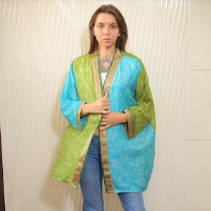 silk short kimono jacket for women kimono robe Green and Blue Floral Print jacket cardigan Cap Coat Front Open Robe Gift for her PS KMS3286