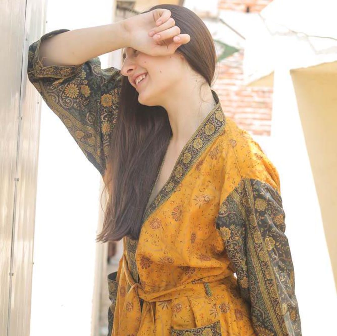 Kimono in pura seta gialla, vestaglia lunga da sposa, vestaglia da