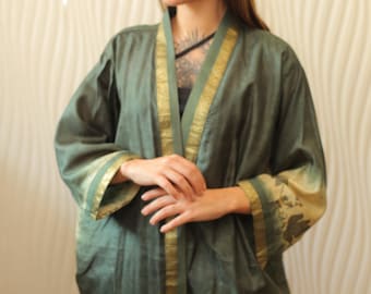 Pure Silk Kimono Duster Green-Gold Boho Floral Kimono Sleeve Cardigan Jacket Swim Hippie Cover up Front Open Jacket Gift For Her PS KMS3187