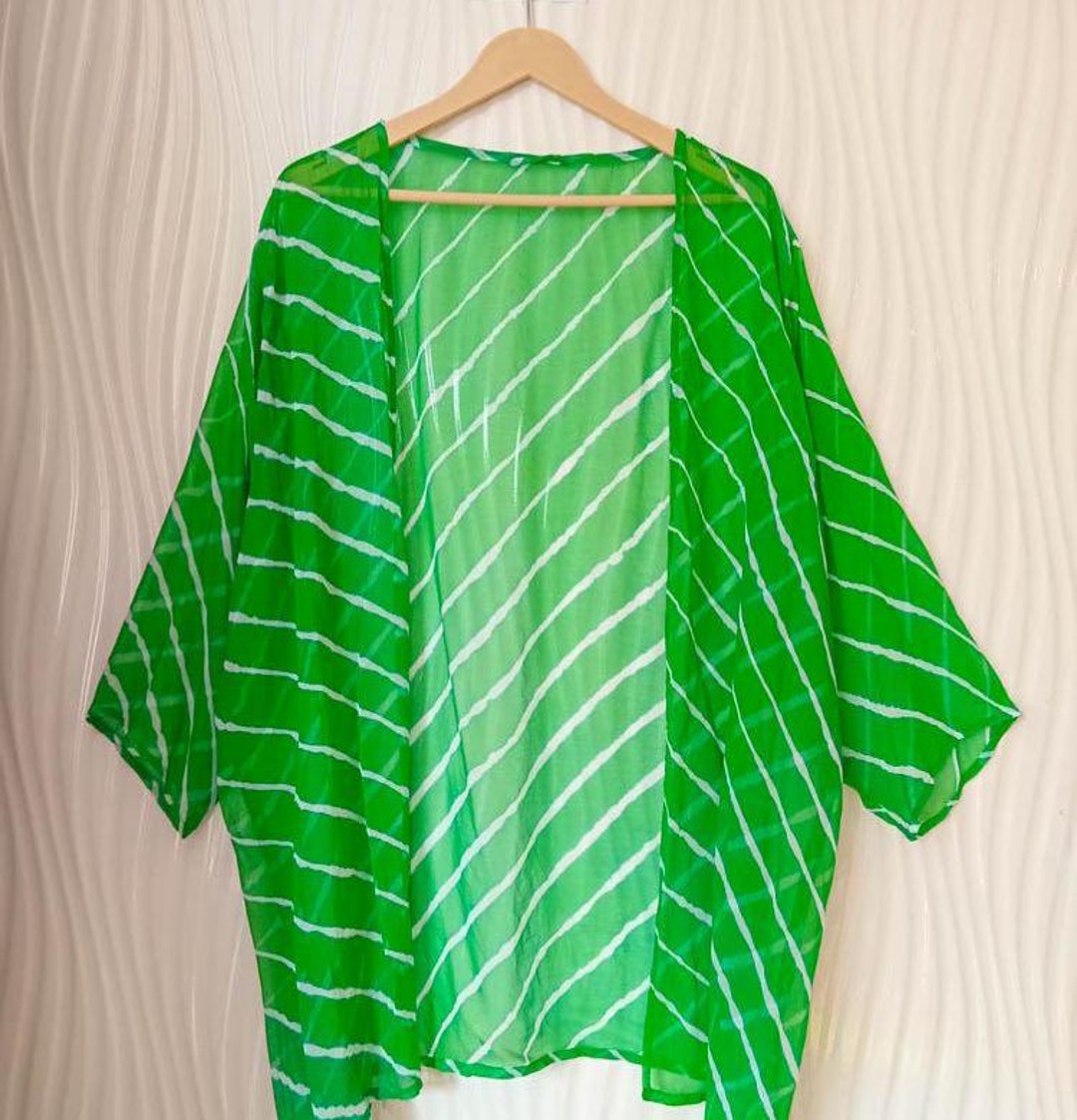Emerald Green Silk Kimono Sheer Tie-dye Boho Duster Handmade
