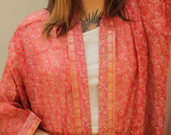 Vintage Silk Kimono / Upcycled Boho Coral Short Duster Jacket  PS KMS3060