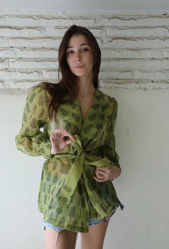 Jaqueta feminina verde oliva transparente de organza, estilo boho