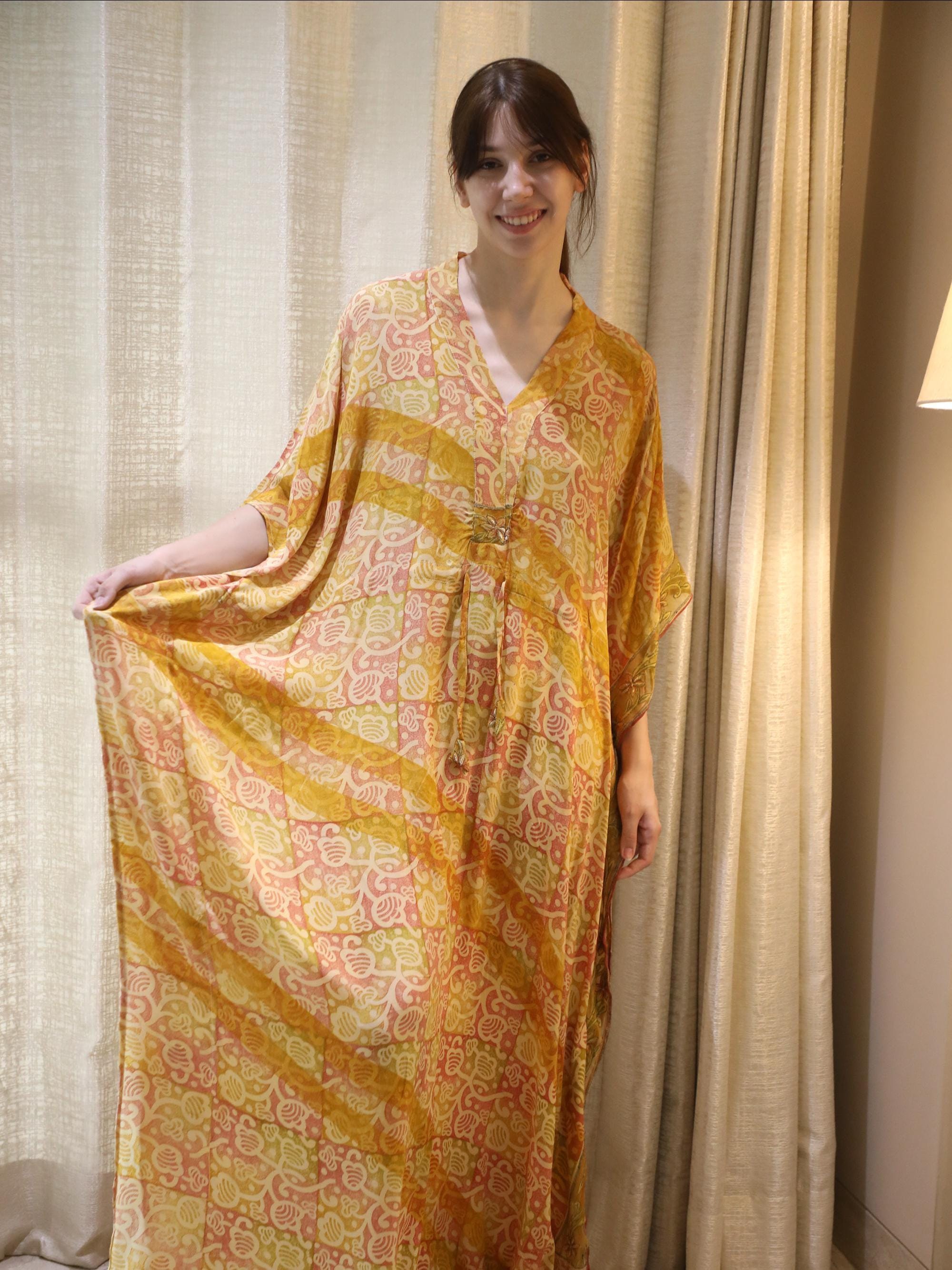 Silk Silk Kaftan Elegant Beige & Red Floral Printed Plus size Kaftan with belt Loose fit Bohemian Long Caftan Maxi Dress PS KFN2943