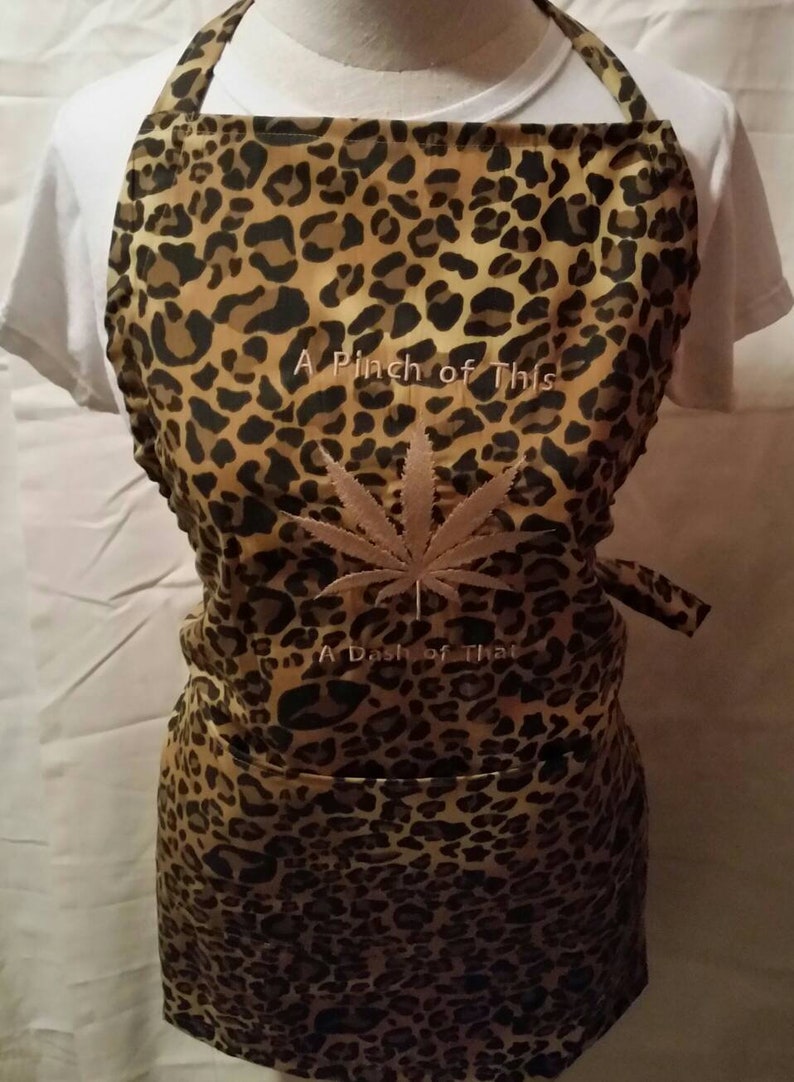 marijuana apron wild animal print embroidered a pinch of this a dash of that and weed leaf design handmade