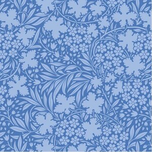 May include: A seamless pattern featuring a floral design in shades of blue. The pattern includes stylized leaves, small flowers, and larger, grape-like shapes, all arranged on a solid blue background. The overall effect is a classic, botanical print.