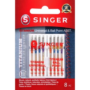 May include: A package of Singer brand titanium universal and ball point sewing machine needles. The package is red and white with the Singer logo. The needles are in a clear plastic case. The package includes 8 needles.