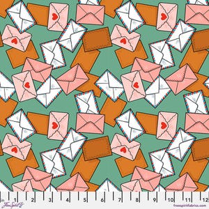 May include: A fabric pattern with a teal background, featuring scattered envelopes in pink, white, and brown. The envelopes have red heart accents. The text "Free Spirit" and "freespiritfabrics.com" are visible.
