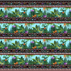 May include: A repeating pattern featuring a jungle scene with lush green foliage, colorful flowers, and various insects. The design includes a light blue background, with decorative borders of black, red, and white.