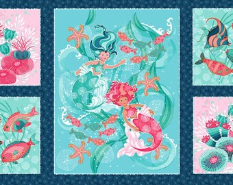 The 7939P-72 Mermaid Tails Blue Panel For Studio E Fabric 24 X 44 In