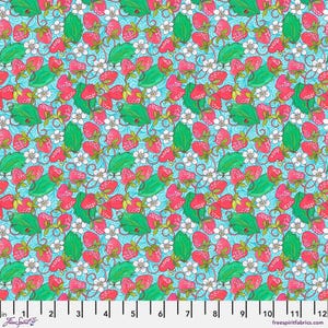 May include: A fabric pattern featuring a repeating design of red strawberries, green leaves, and white flowers on a light blue background. The design includes swirling vines and is measured in inches.