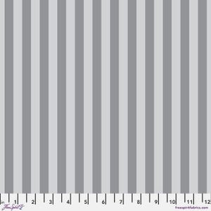 May include: A fabric with a vertical stripe pattern in shades of gray. The stripes alternate between light and medium gray. The image includes a ruler along the bottom edge, with the text "in" and "FreeSpirit" visible.
