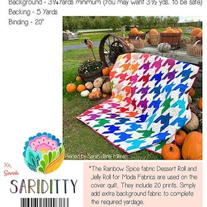 May include: A quilt pattern document titled SD#022 featuring a rainbow-colored houndstooth quilt displayed outdoors among pumpkins. The text lists fabric requirements in yards and inches, mentions Moda Fabrics, and includes a barcode and logo.