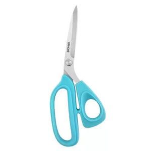 May include: A pair of scissors with a light blue handle and silver blades. The word "FANMORE" is printed on the blade. The scissors have a large loop for the thumb and a smaller loop for the other fingers.
