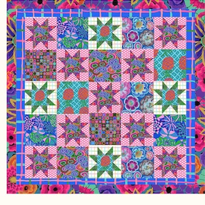 May include: A square quilt featuring a grid of alternating blocks. Some blocks display eight-pointed stars on pink polka-dot fabric, while others feature colourful floral, geometric, and pineapple patterns. A blue grid border surrounds the centre.