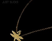 Gold jewelry - pendant and necklace - offbeat eccentric Dangerours Scary Cute Little Dragonflies - Not conforming unconventional - unusual