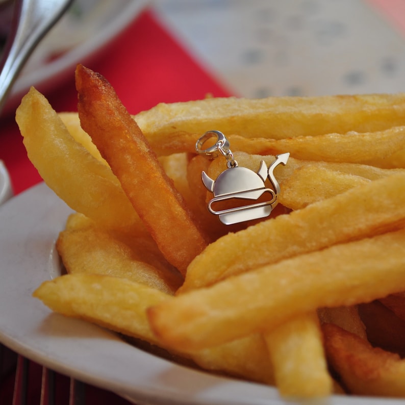 Hamburger Pendant Charm Sterling Silver Jewelry amusing and playful fast food lovers accessory Fun devil french fries Chef unusual gift image 1