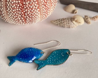 Enamel Fish earrings, Koi jewellery uk, hand made fish, hand made in Britain, fish jewellery, seaside summer earrings, blue earrings