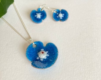 Poppy earring necklace set, flower earrings, hand made copper enamel, enamel earrings, blue poppy enamel pendant uk, Valentines gift set