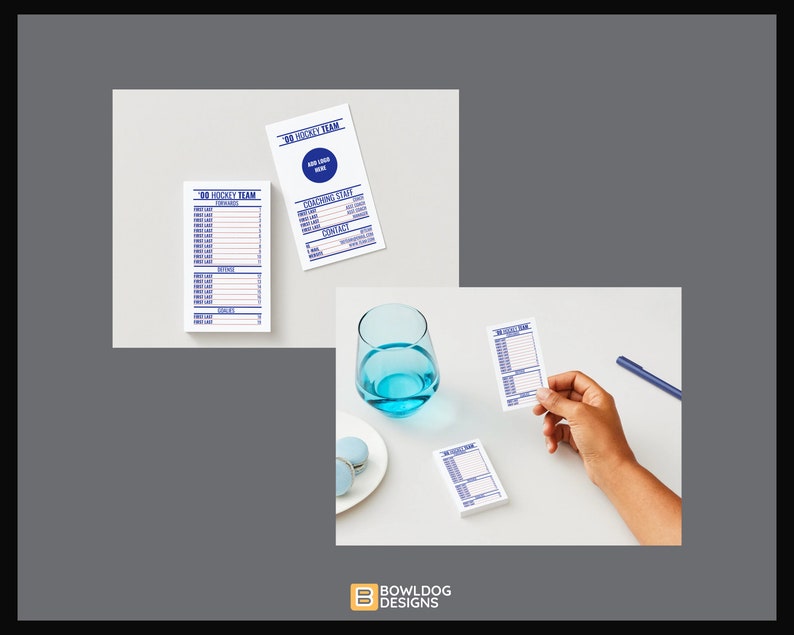 May include: Three white cards with blue text and lines. The cards are labelled "GO HOCKEY TEAM", "COACHING STAFF", and "ADD LOGO HERE". The cards are on a white surface.