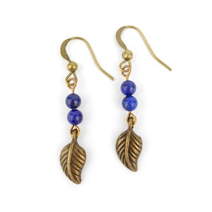 Blue Lapis Lazuli Leaf Long Drop Earrings in Antique Bronze