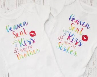 Rainbow Baby Outfit Bodysuit - Heaven Sent With a Kiss from My Sister - Baby Boy Clothes - Baby Girl Clothes - Remembrance Baby Shower Gift