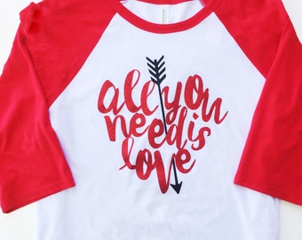 Women's Glitter Valentine's Day Shirt - Mommy and Me Valentine's Day Outfit - All You Need is Love Glitter Raglan Shirt - Kid's Valentine's