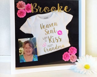 Heaven Sent with a Kiss from Grandma Memory Box - Personalized Shadowbox Baby Keepsake - Baby Shower Gift