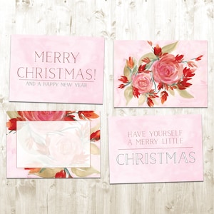 Modern Christmas Floral DIY Printable, Holiday Rose Gift Tag, Red and Pink Christmas Card