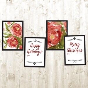 Christmas Garden Rose DIY Printable, Holiday Watercolor Rose Gift Tag, Modern Christmas Card