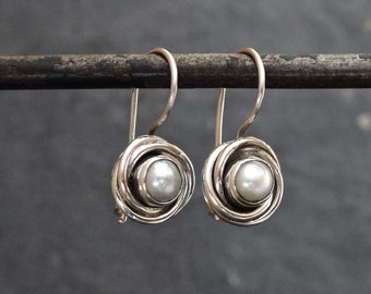 Pearl Earrings, Silver and White Pearl Drop Earrings, Freshwater Pearl, Silver Nest Earrings, June Birthstone, Art Deco, Sterling Silver 925