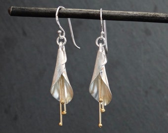 Flower Earrings, Brushed Silver Earrings, Gold and Silver, Mixed Metals, Floral Jewellery, Wedding Earrings, Sterling Silver, Gold Vermeil