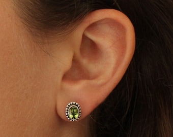 Peridot Earrings, Silver and Peridot Stud Earrings, August Birthstone, Oval Peridot Studs, Faceted Peridot, Sterling Silver Detail