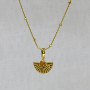 Art Deco Fan Necklace, Gold and Carnelian Pendant, Textured Gold Vermeil, Adjustable Studded Snake Chain
