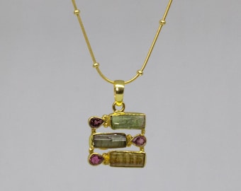 Tourmaline and Gold Pendant, Raw Gemstone Necklace, October Birthstone Jewellery, Gold Vermeil