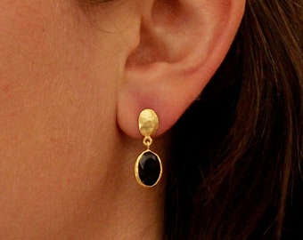 Black Onyx Earrings, Gold and Onyx Earrings, Gemstone Earrings, Faceted Onyx, Stud Drops, 18k Gold Vermeil